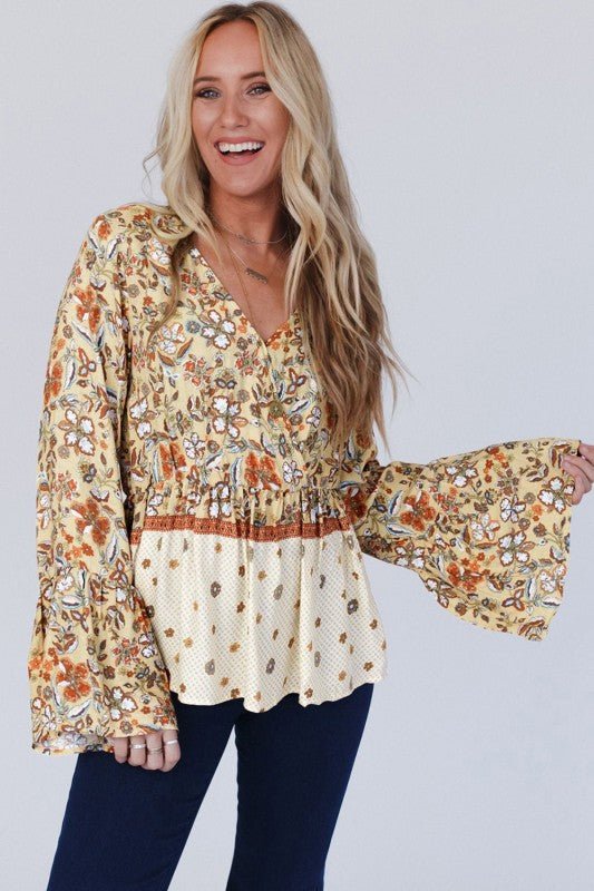 Floral V Neck Wrapped Contrast Peplum Blouse - JUST - JEN BOUTIQUE