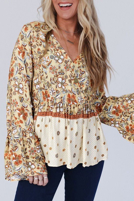 Floral V Neck Wrapped Contrast Peplum Blouse - JUST - JEN BOUTIQUE