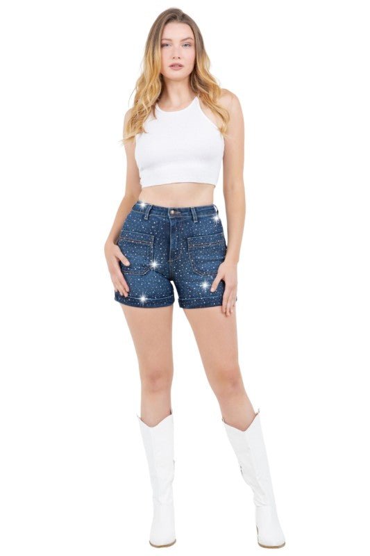 Willow Rhinestone Denim Short in Dark Wash - JUST - JEN BOUTIQUE