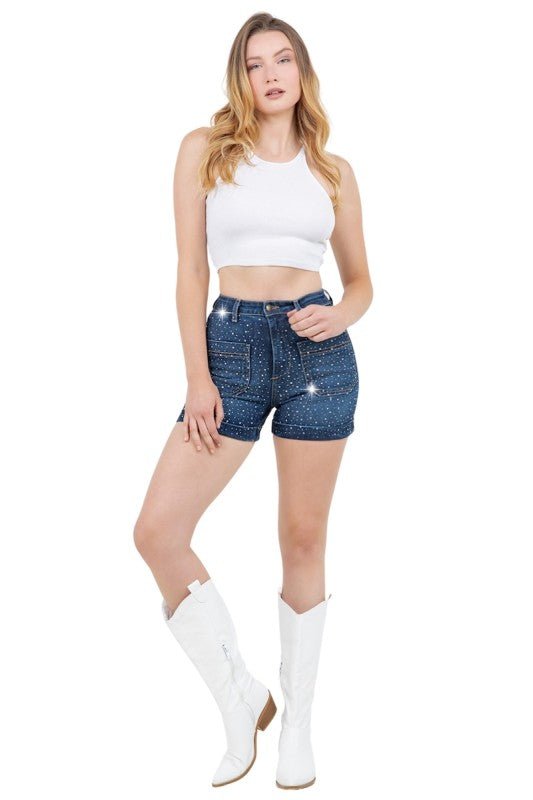 Willow Rhinestone Denim Short in Dark Wash - JUST - JEN BOUTIQUE