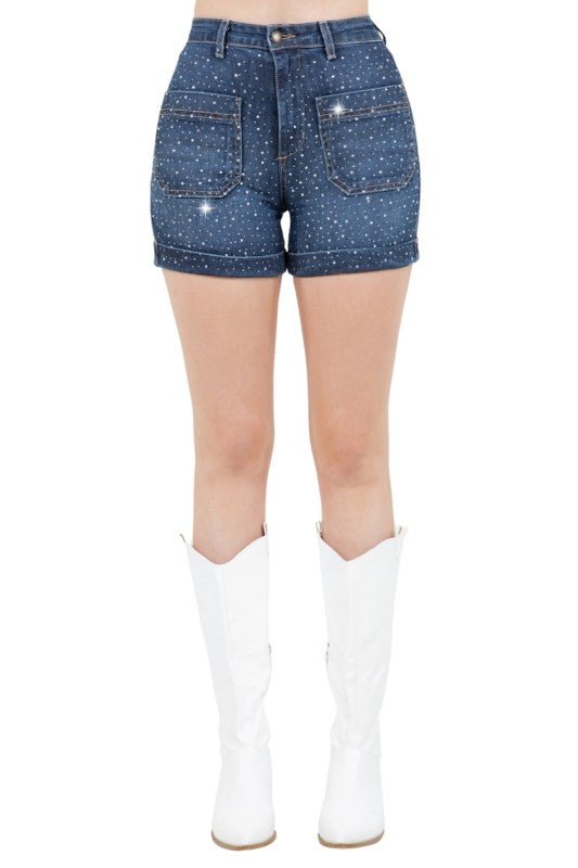 Willow Rhinestone Denim Short in Dark Wash - JUST - JEN BOUTIQUE