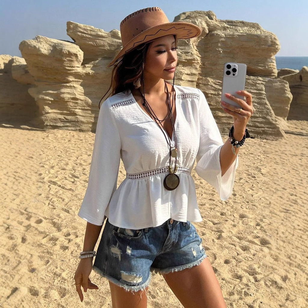 Solid color hollow waist inlaid with lace V-neck casual shirt shoulder