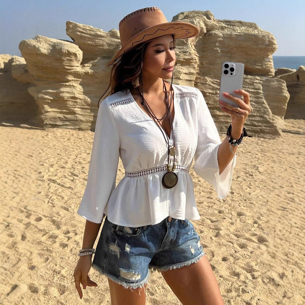 Solid color hollow waist inlaid with lace V - neck casual shirt shoulder - JUST - JEN BOUTIQUE