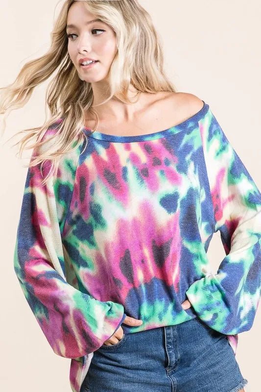BiBi Tie Dye Print Terry Top with Puff Sleeves - JUST - JEN BOUTIQUE