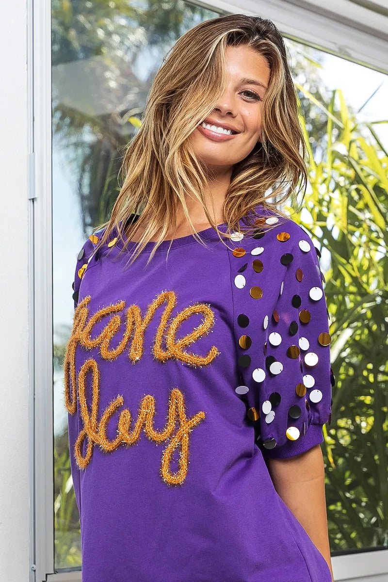 BiBi Game Day Metallic Letter Spangle Sleeve Top - JUST - JEN BOUTIQUE