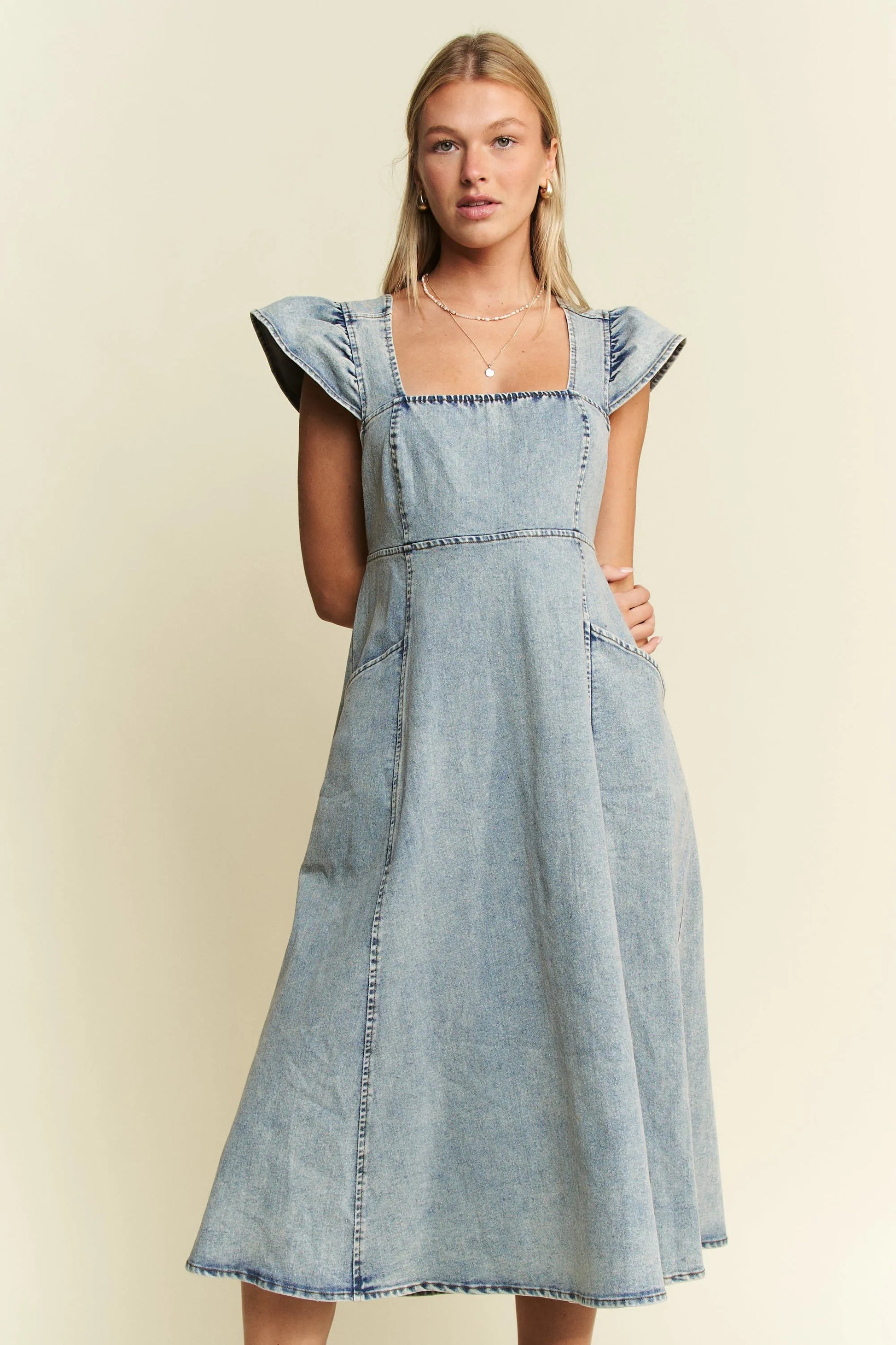 Jade By Jane Full Size Ruffled Denim Midi Dress Plus Size - JUST - JEN BOUTIQUE