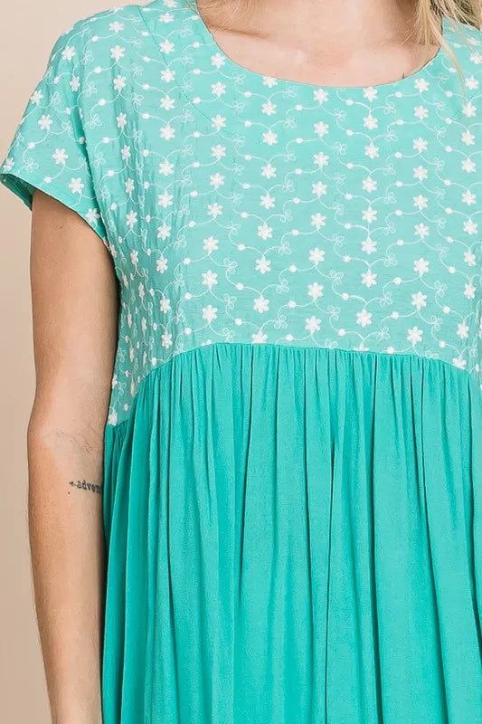 Lime 'N' Chili Full Size Embroidered Short Sleeve Pleated Babydoll Top Plus Size - JUST - JEN BOUTIQUE