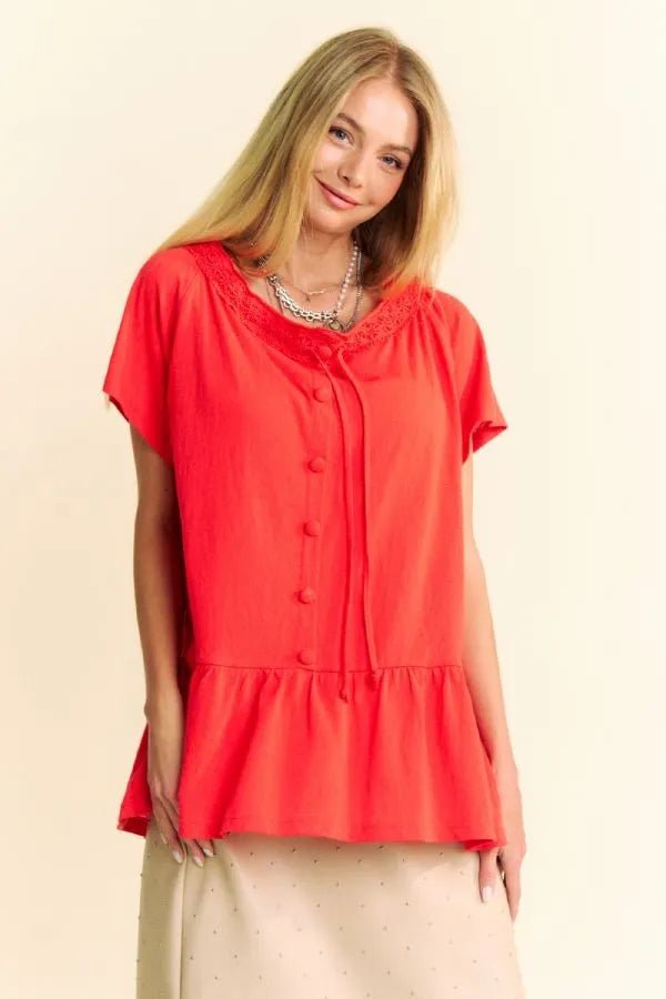 Davi & Dani Solid Lace Trim Neck Short Sleeve Peplum Top - JUST - JEN BOUTIQUE