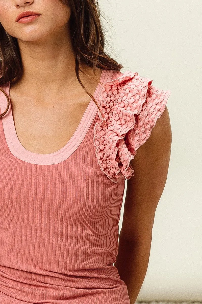 BiBi Rib Knit With Textured Ruffled Top - JUST - JEN BOUTIQUE