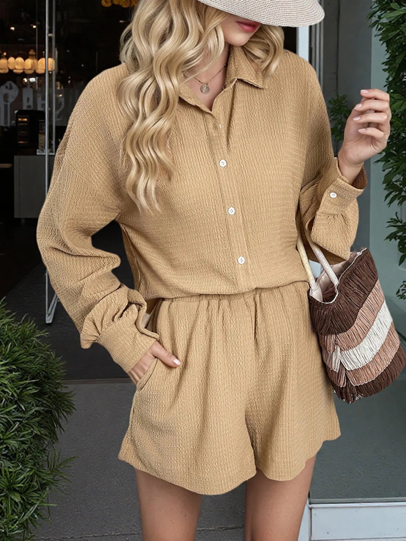 Button Up Long Sleeve Shirt and Shorts Set - JUST - JEN BOUTIQUE