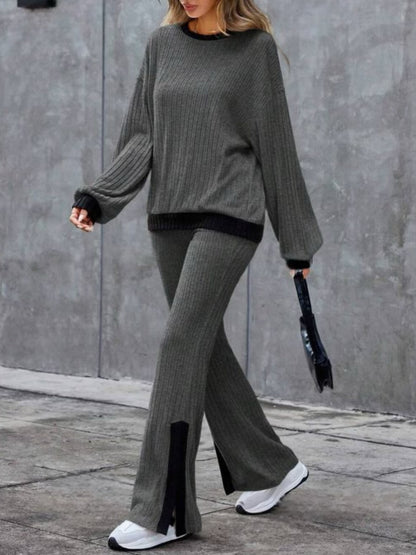 Contrast Round Neck Long Sleeve Top and Bootcut Pants Set