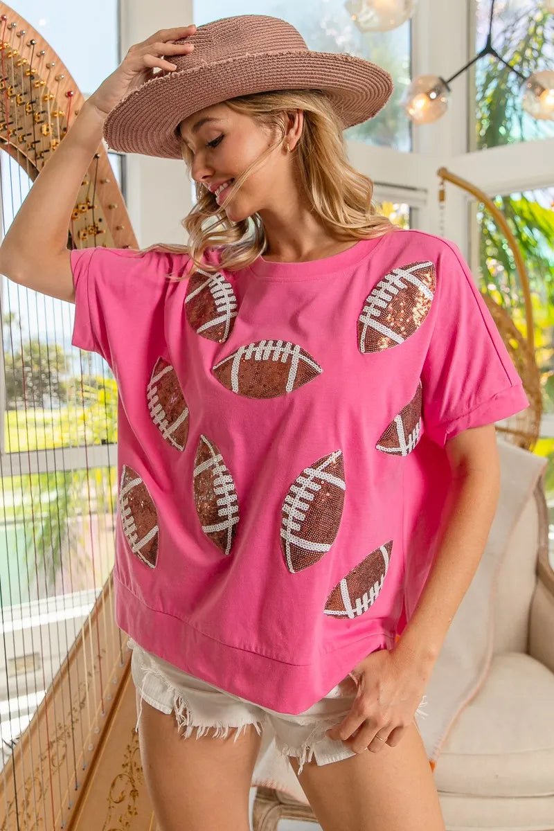 BiBi Game Day Sequins Patched Half Sleeves Top - JUST - JEN BOUTIQUE