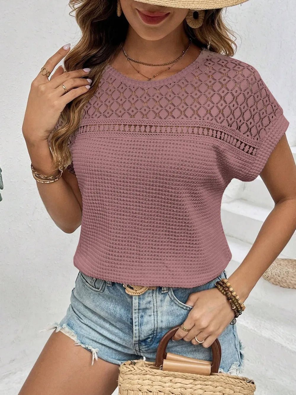 Waffle - Knit Round Neck Short Sleeve Top - JUST - JEN BOUTIQUE