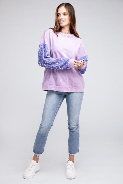 Velvet Sequin Sleeve Mineral Washed Top