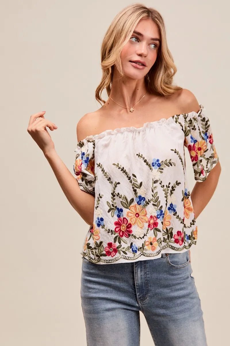 SO ME Floral Embroidered Two Way Off The Shoulder Blouse - JUST - JEN BOUTIQUE