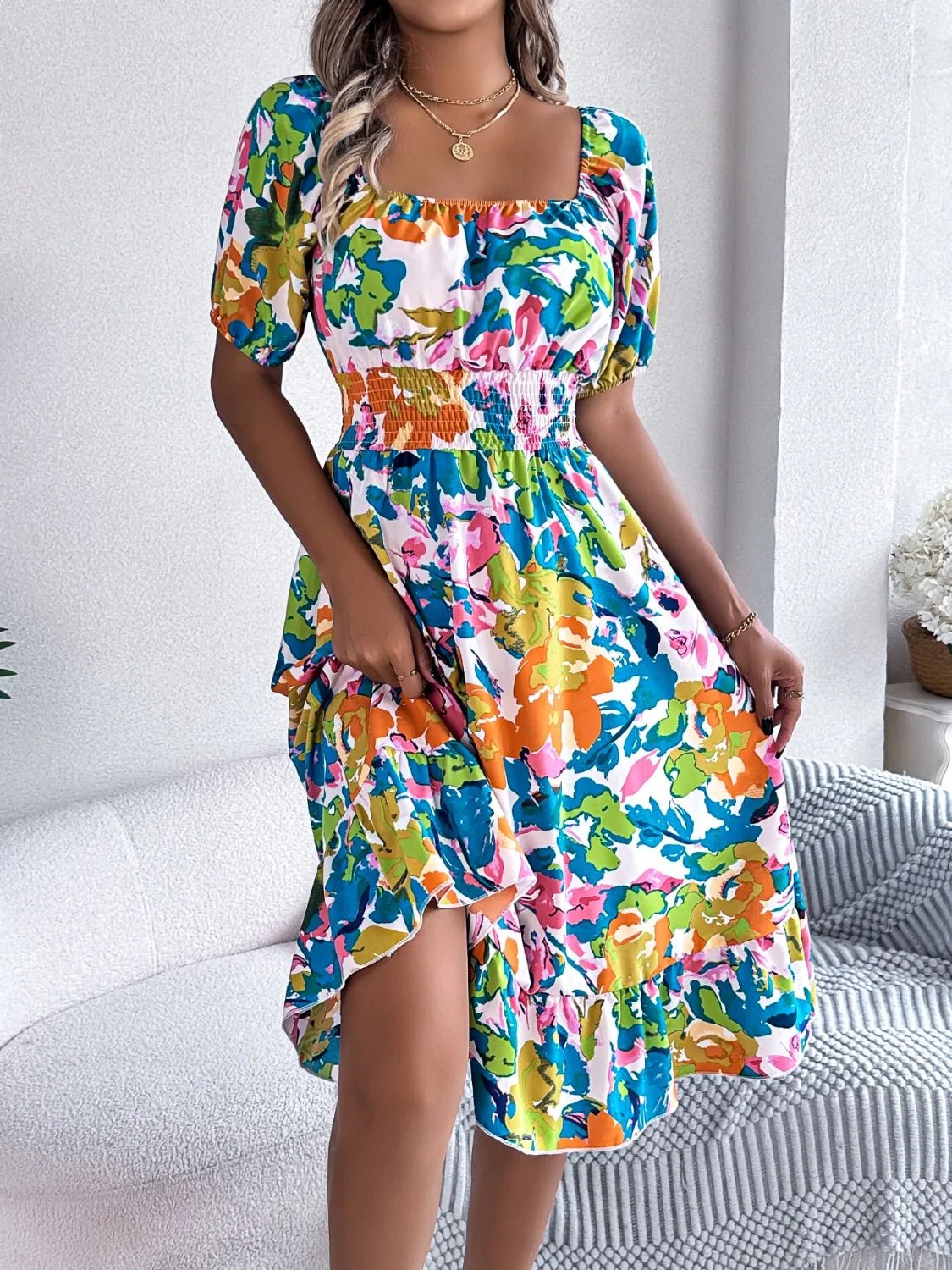 Ruffled Hem Smocked Floral Short Sleeve Midi Dress - JUST - JEN BOUTIQUE