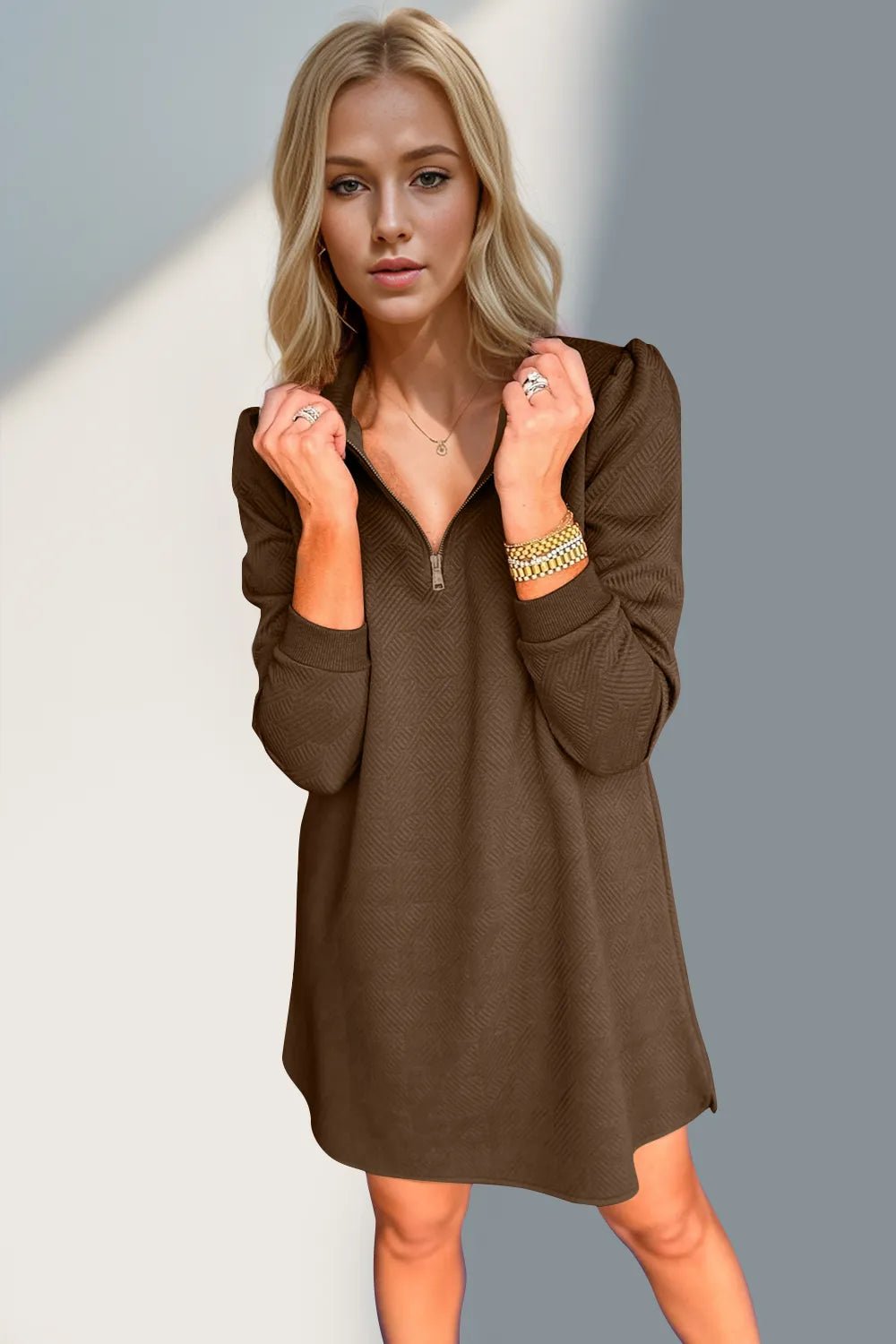 Double Take Textured Quarter Zip Long Sleeve Dress - JUST - JEN BOUTIQUE
