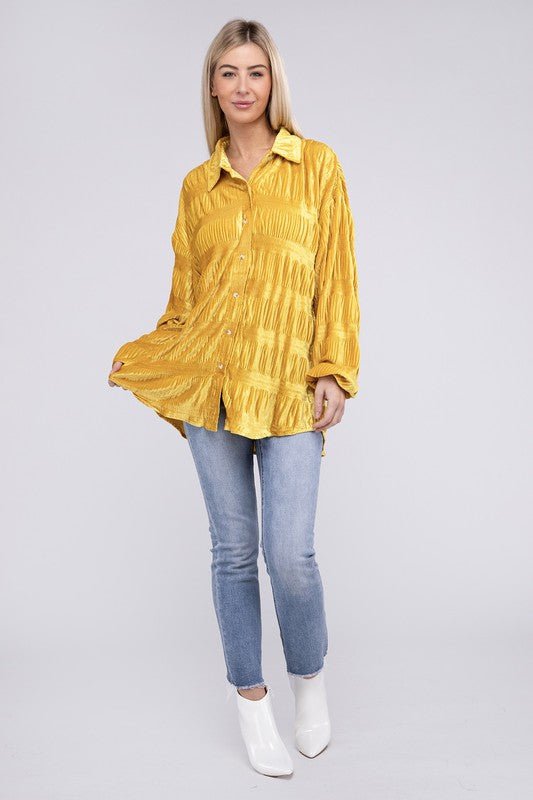 Wrinkle Effect Tiered Shirring Velvet Shirt - JUST - JEN BOUTIQUE