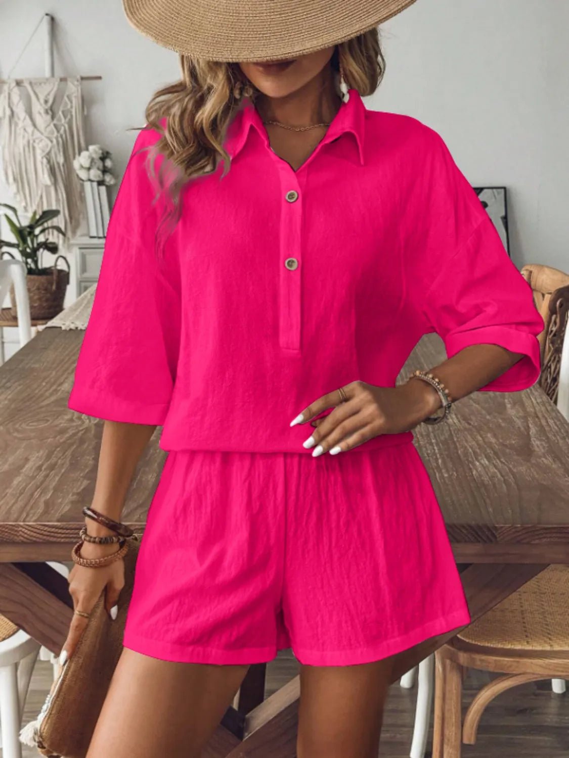 Collared Neck Half Sleeve Top and Shorts Set - JUST - JEN BOUTIQUE