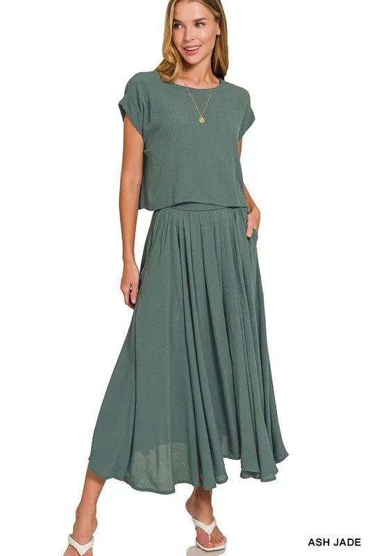 Zenana Woven Crinkle Gauze Crop Tee and Skirt Set - JUST - JEN BOUTIQUE