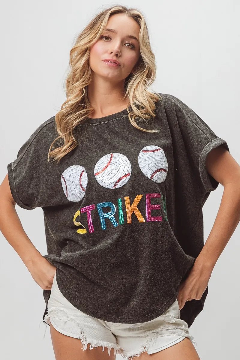 BiBi Sequin Baseballs Strike Washed Short Sleeve Top - JUST - JEN BOUTIQUE
