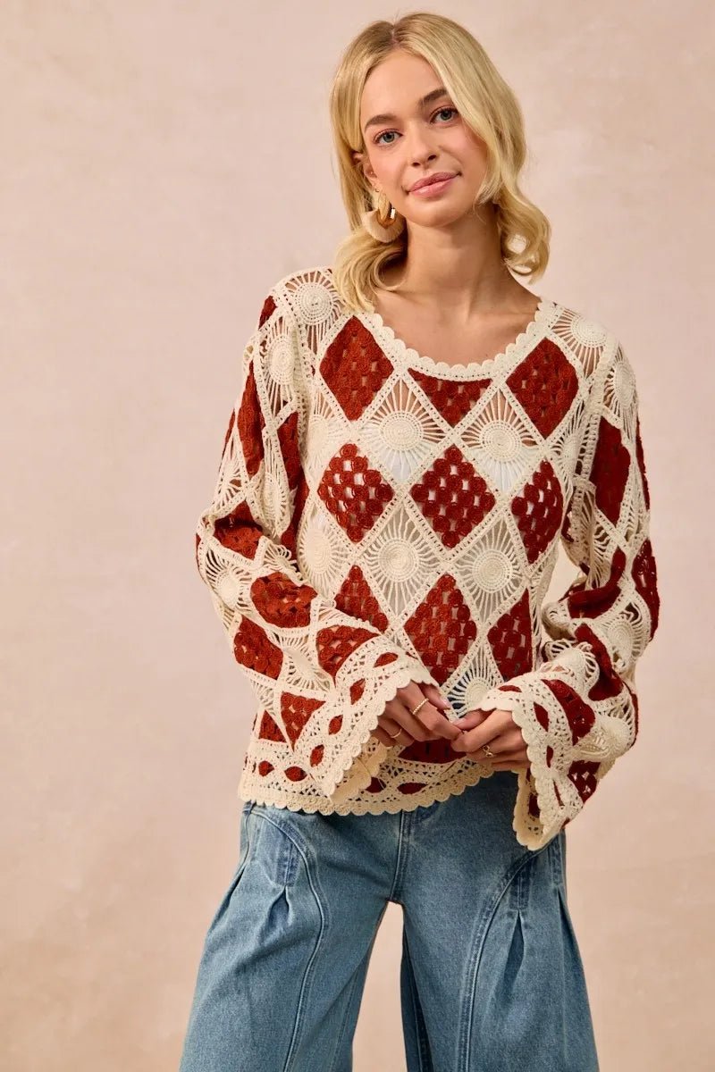 BiBi Diamond Crochet Knit Top - JUST - JEN BOUTIQUE