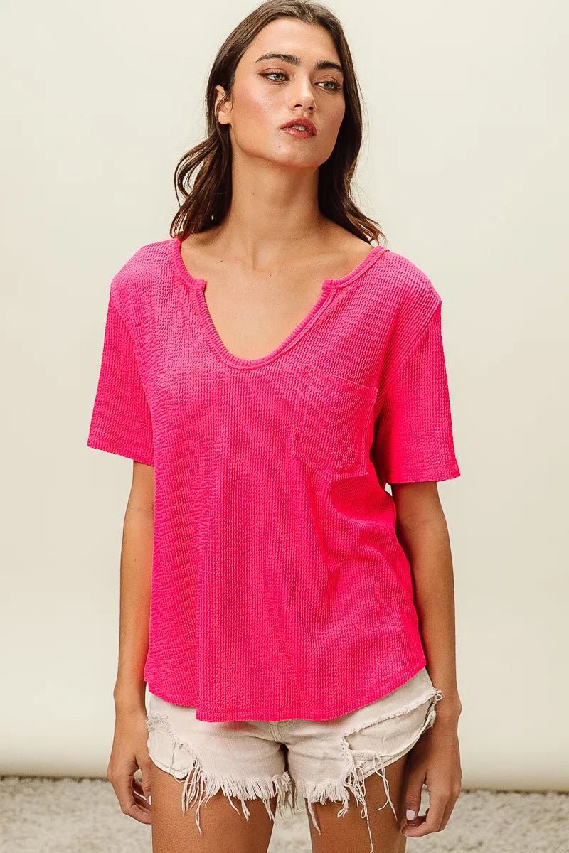 BiBi Waved Rib U Neck Top With Front Pocket - JUST - JEN BOUTIQUE