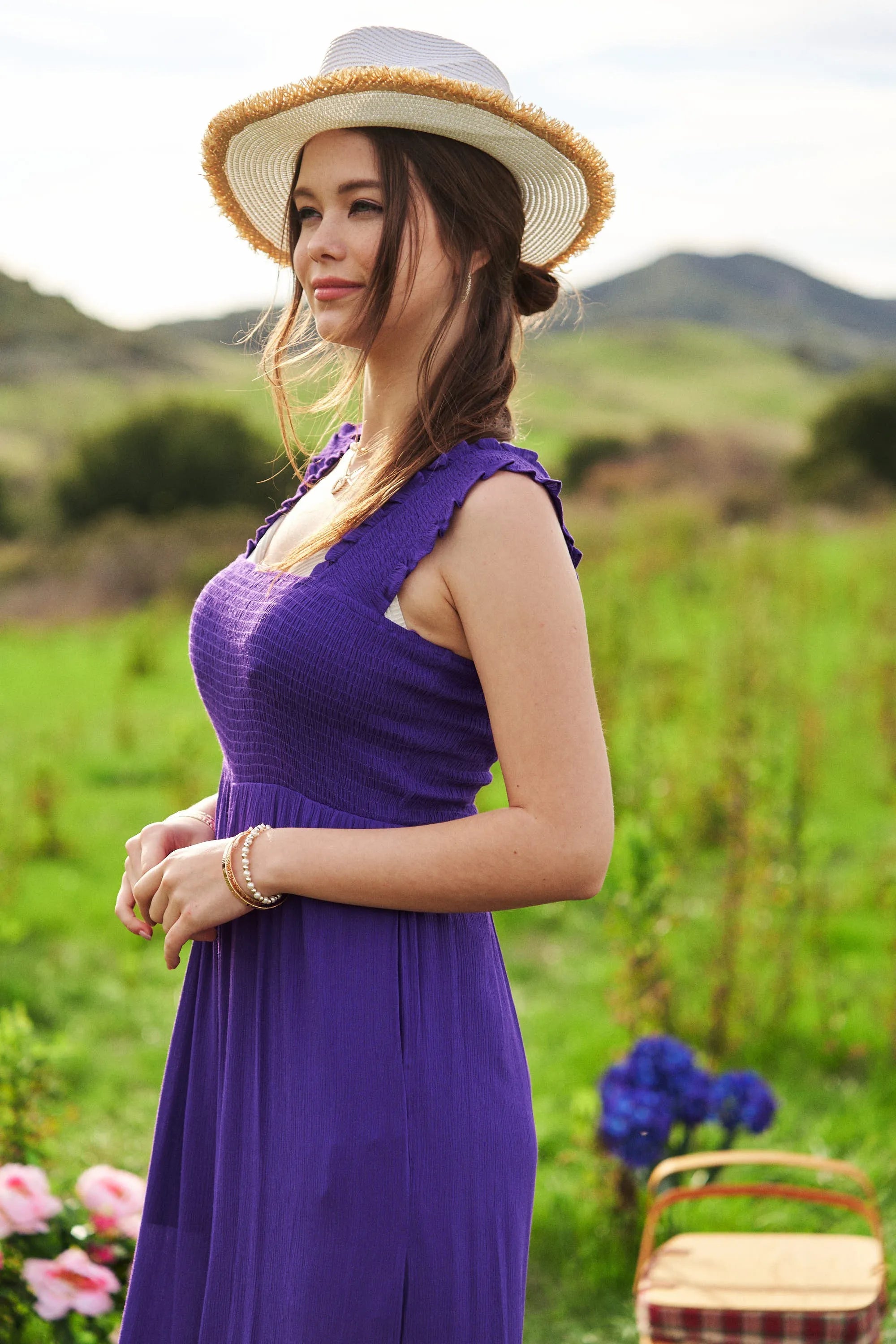 Davi & Dani Smocked Bodice Strap Ruffle Tie Belt Jumpsuit - JUST - JEN BOUTIQUE