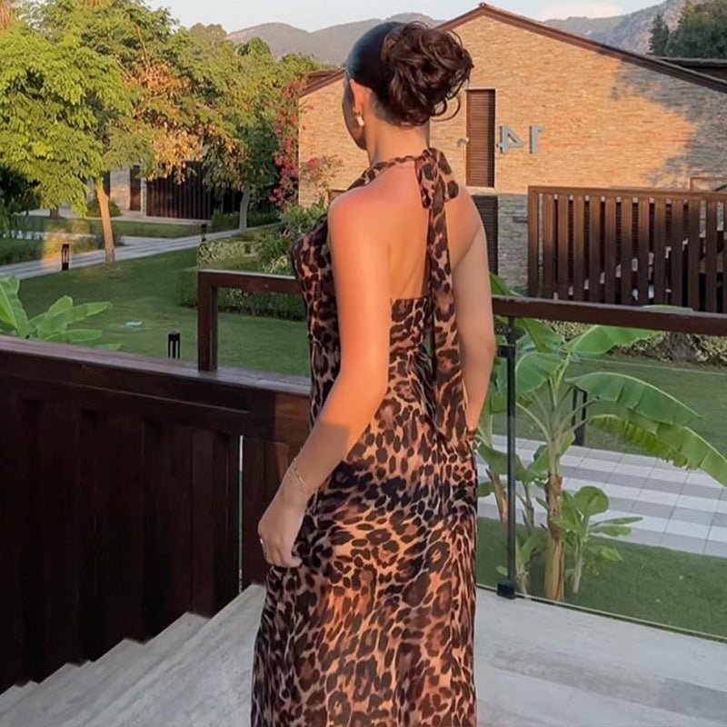 Style Leopard Print Sleeveless Halter Tie-Back Long Dress Sexy Backless Dress