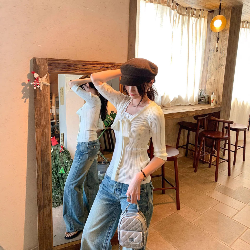 Lace Spliced Mock Two-Piece Knotted Knit Top for Women