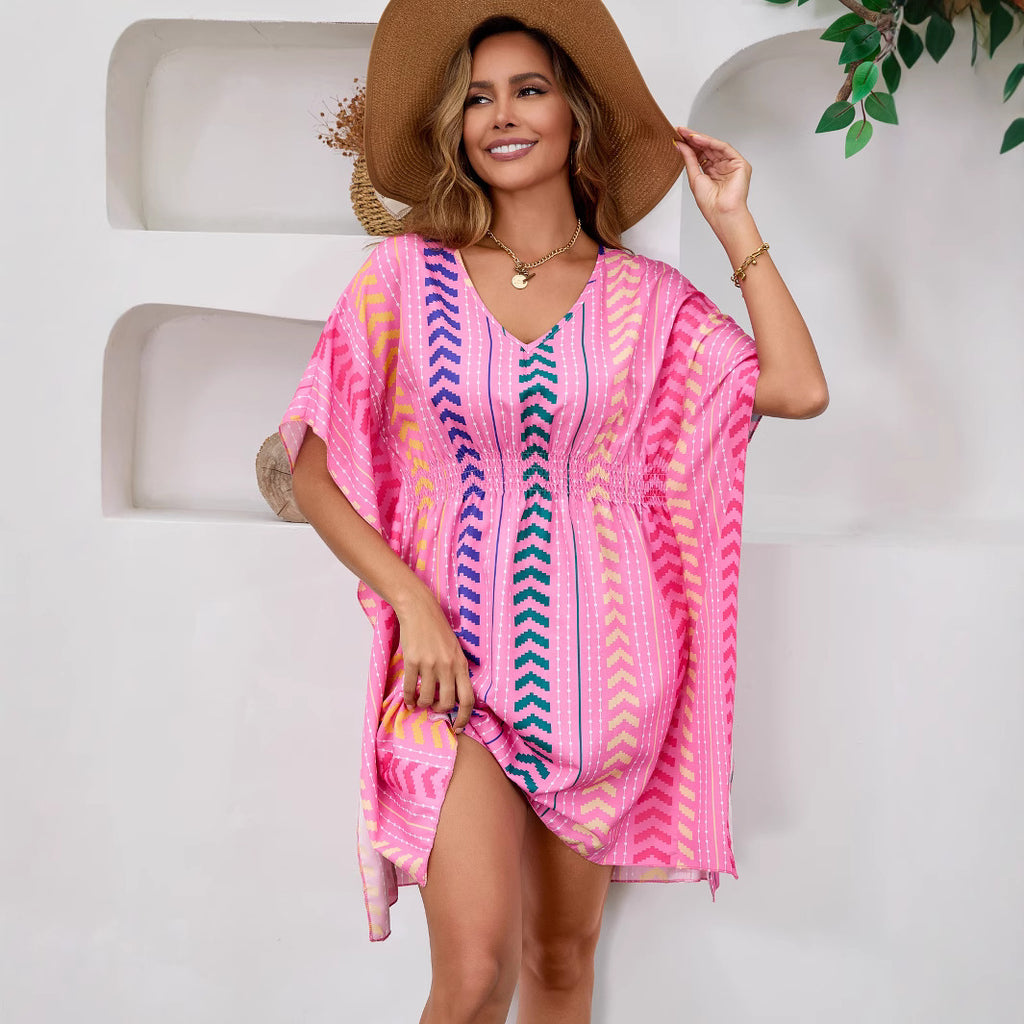 Women's Floral Boho Mini Dress – V-Neck Short Sleeve Vacation Sundress