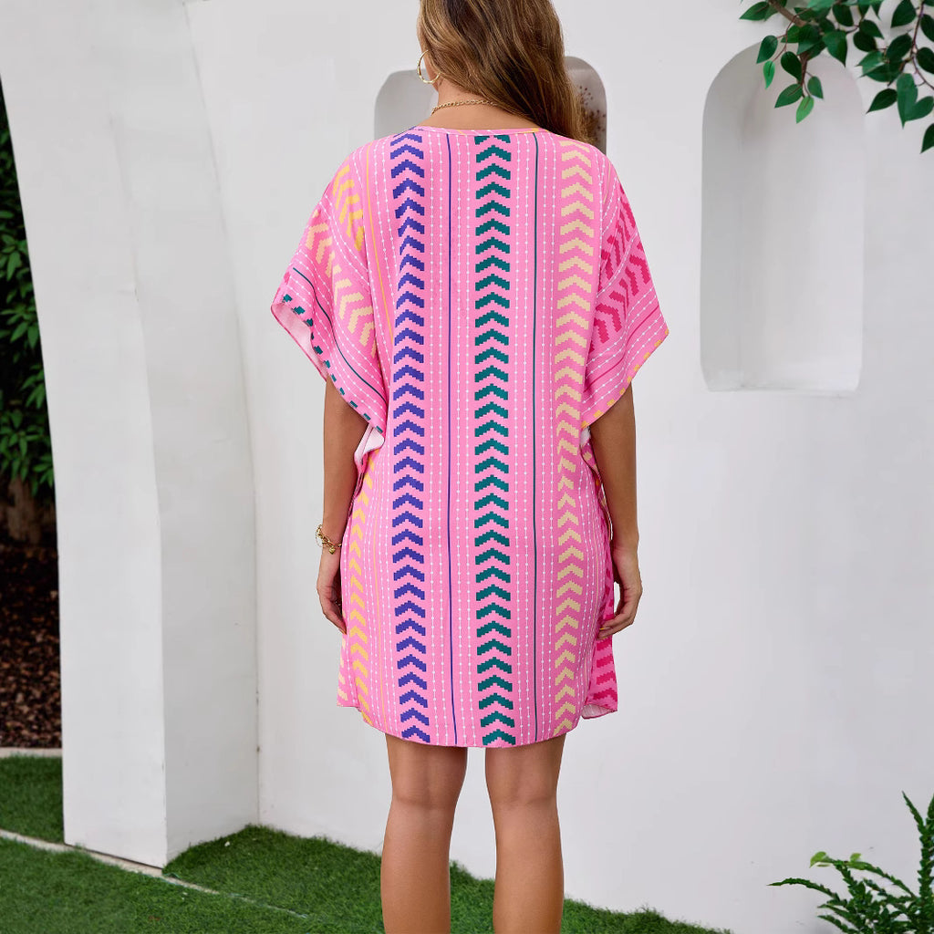 Women's Floral Boho Mini Dress – V-Neck Short Sleeve Vacation Sundress