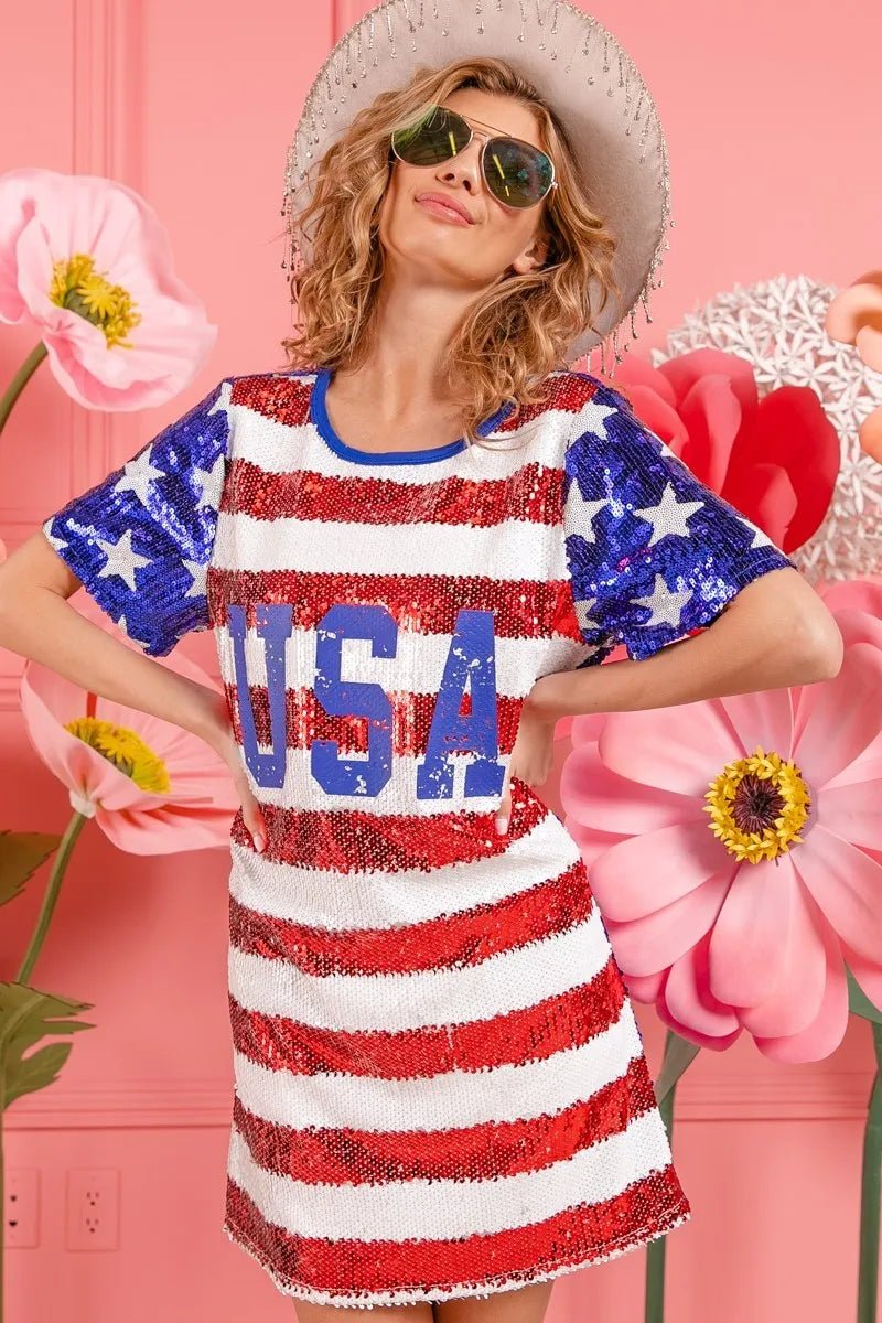BiBi American Flag Theme Usa Print Sequin Dress - JUST - JEN BOUTIQUE