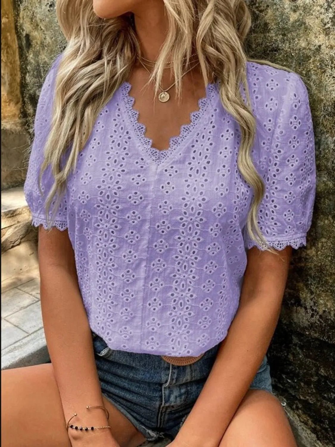 Full Size Eyelet V - Neck Short Sleeve Blouse Plus Size - JUST - JEN BOUTIQUE