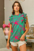 BiBi Leopard Leaves Print Woven Top - JUST - JEN BOUTIQUE