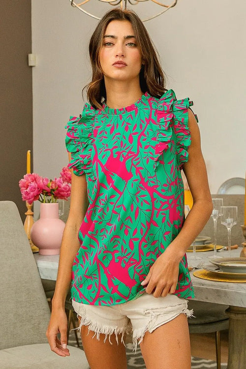 BiBi Leopard Leaves Print Woven Top - JUST - JEN BOUTIQUE