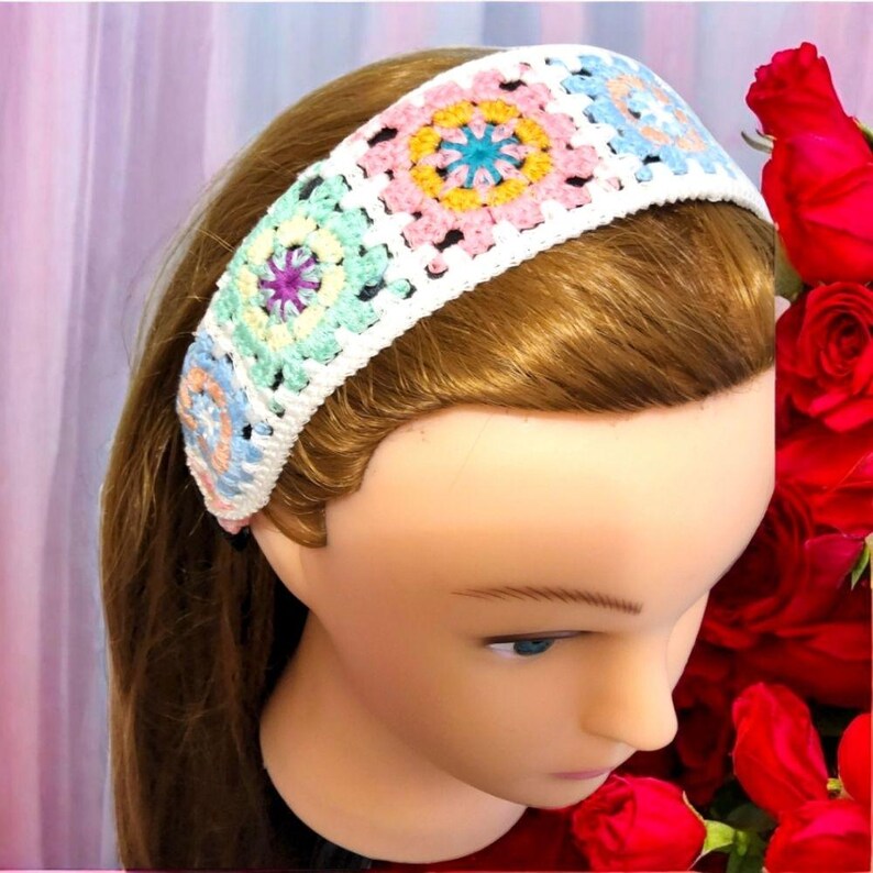 Black Satin Headband with Multi-Color Crochet Embroidery, Designed By Just Jen