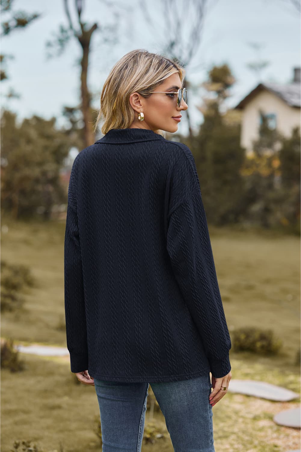 Collared Neck Cable - Knit Long Sleeve Blouse - JUST - JEN BOUTIQUE