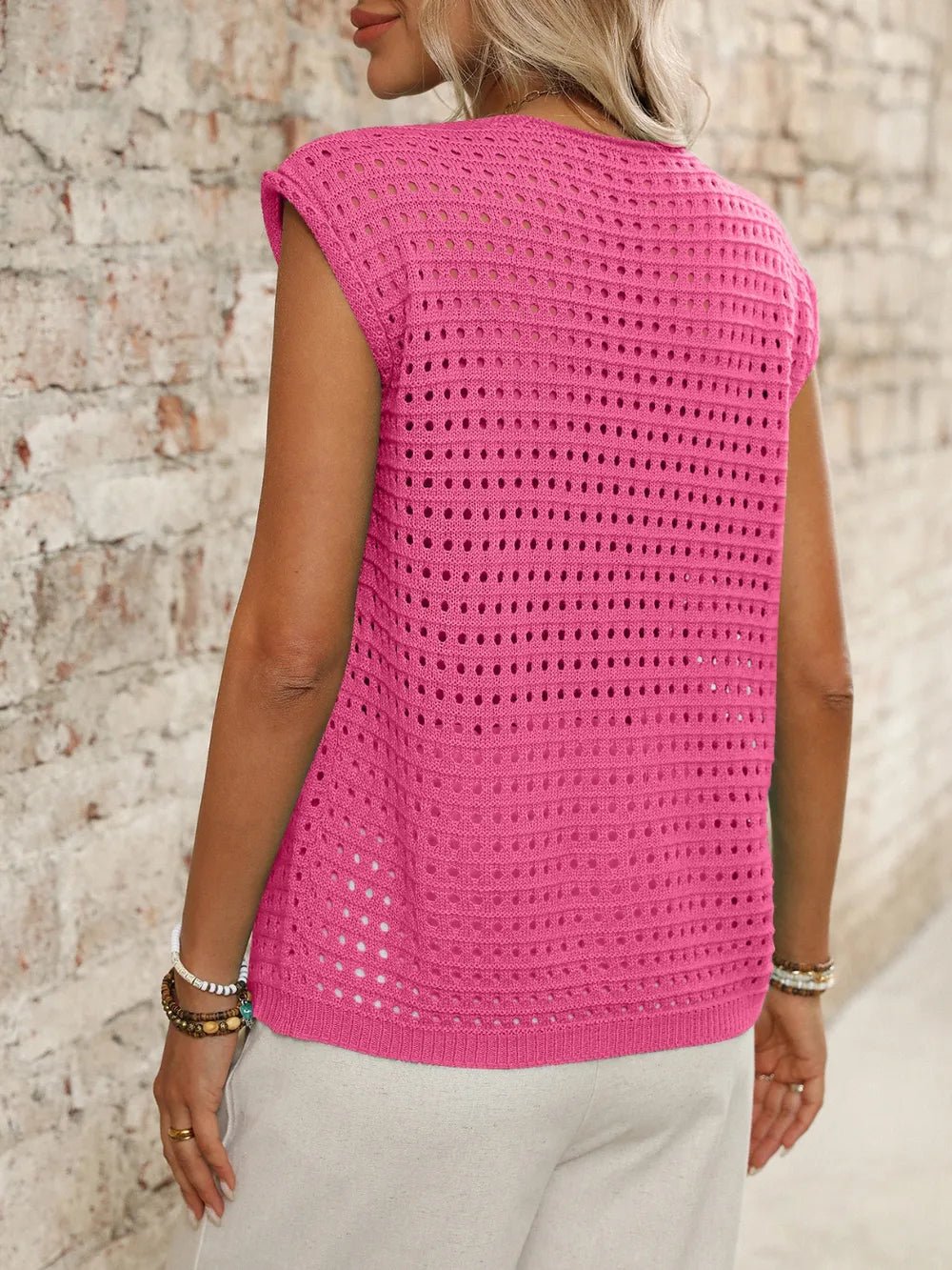 Tied Front Openwork V - Neck Knit Top - JUST - JEN BOUTIQUE
