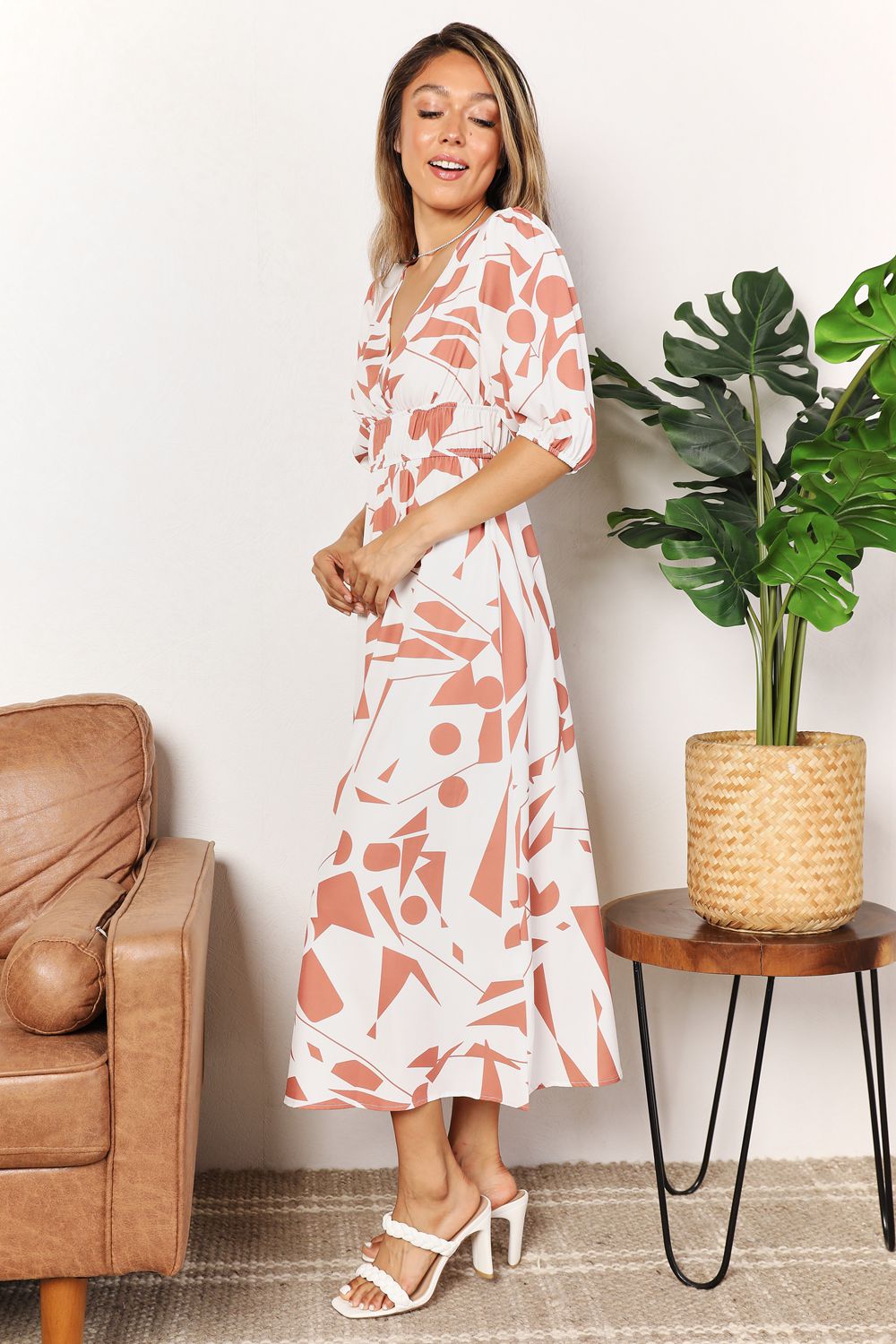 Printed Surplice Balloon Sleeve Dress - JUST - JEN BOUTIQUE