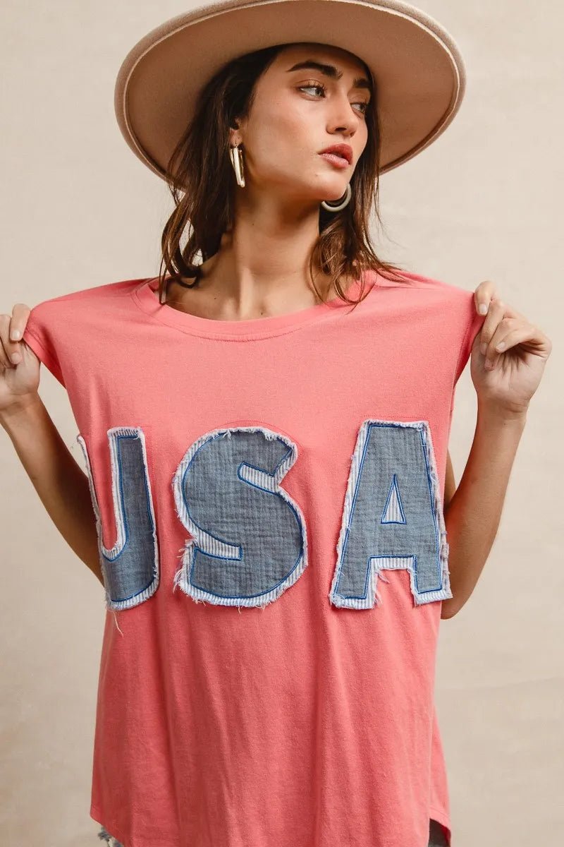 BiBi Washed Jersey With Usa Patched Raw Cut Edge Detail - JUST - JEN BOUTIQUE
