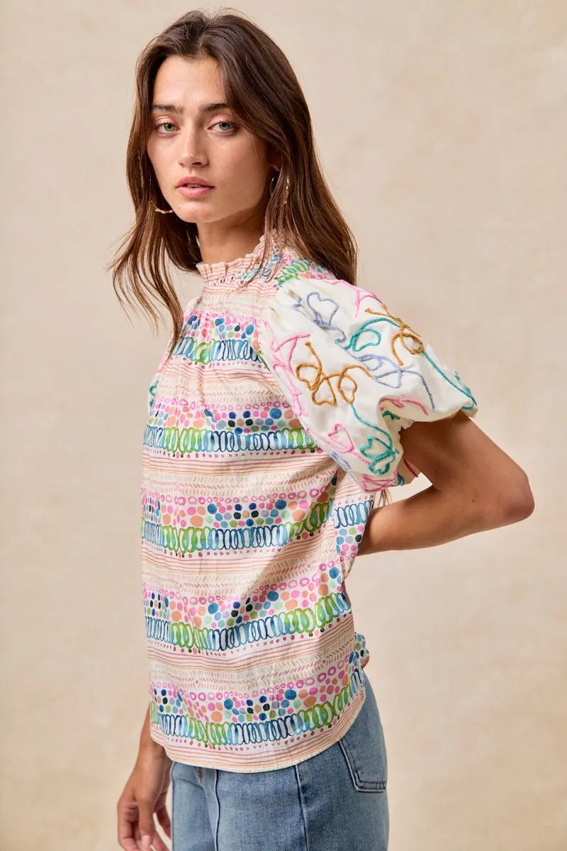 BiBi Ruffle Neckline Blouse With Embroidery Bubble Sleeve - JUST - JEN BOUTIQUE