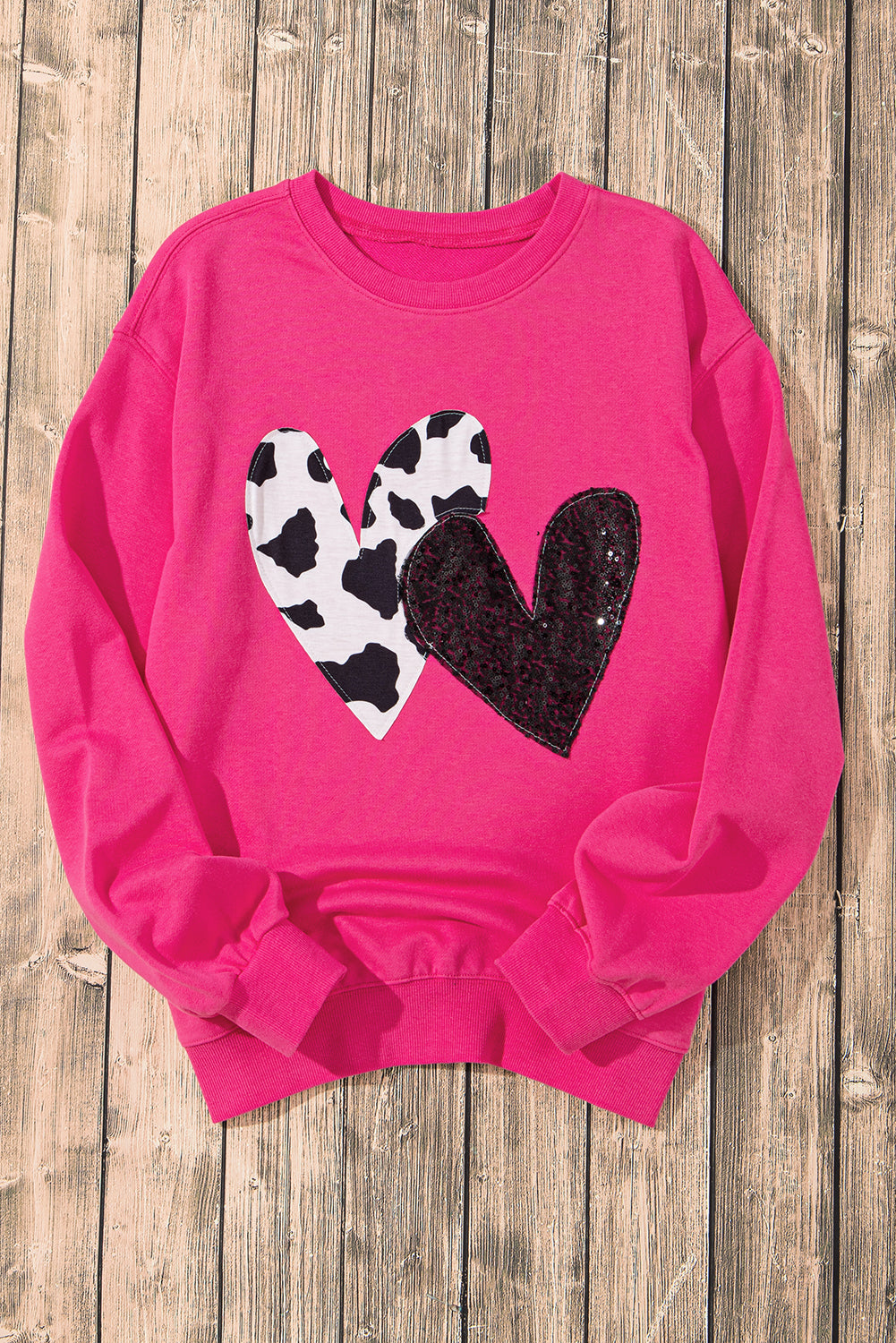 Strawberry Pink Cow & Sequin Double Heart Patch Graphic Sweatshirt