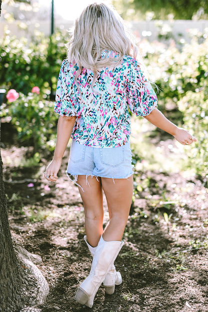 Light Blue Abstract Print Puff Sleeve Mock Neck Blouse