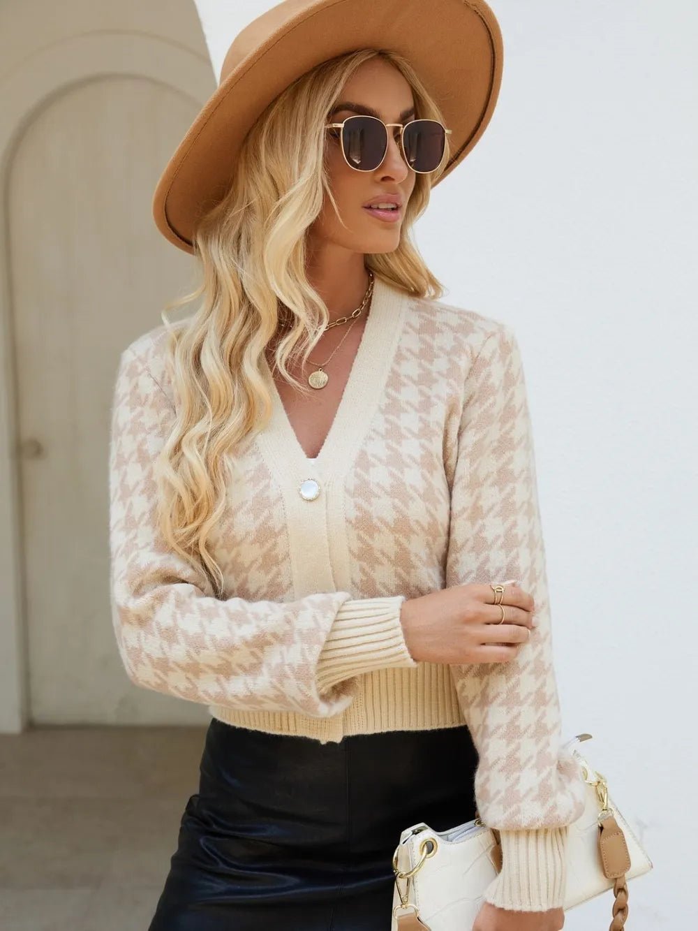 Houndstooth Button Up Long Sleeve Cardigan - JUST - JEN BOUTIQUE