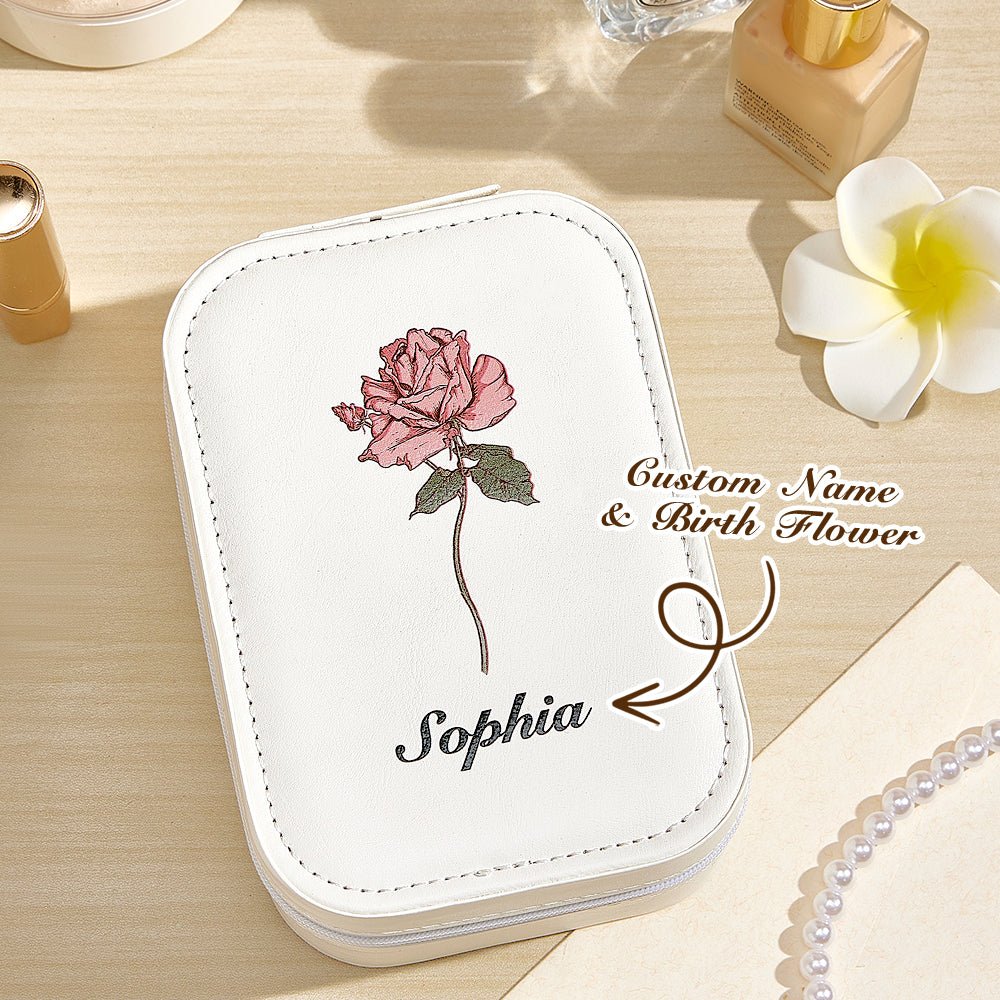 Personalized Birth Flower PU Leather Jewelry Box with LED Makeup Mirror Birthday Gift for Her - JUST - JEN BOUTIQUE