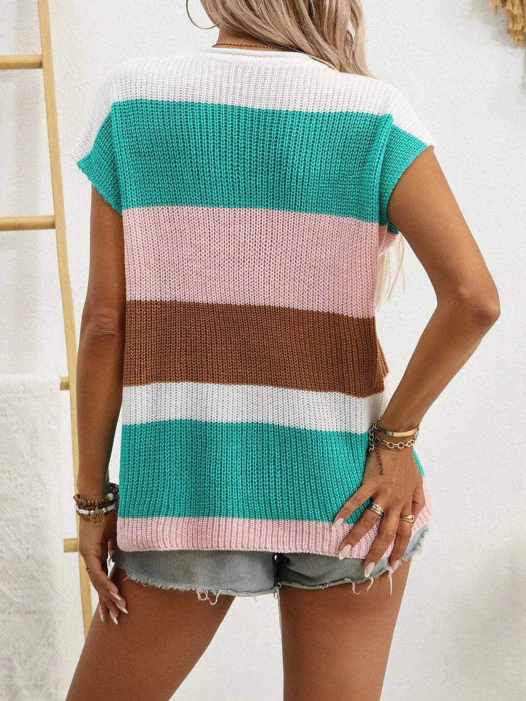 Color Block Notched Short Sleeve Knit Top - JUST - JEN BOUTIQUE