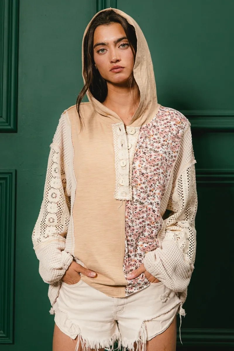 BiBi Slub Jersey with Lace Combo Buttoned Hoodie Top - JUST - JEN BOUTIQUE