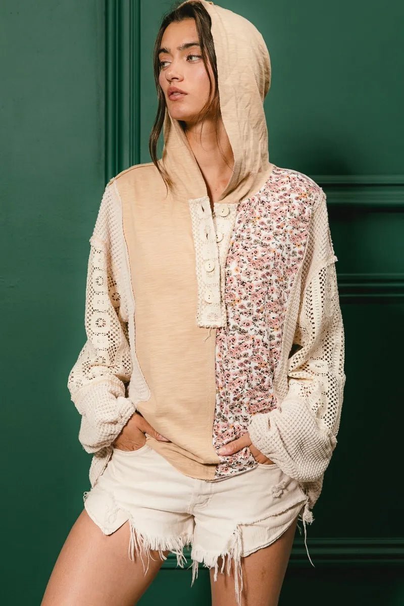 BiBi Slub Jersey with Lace Combo Buttoned Hoodie Top - JUST - JEN BOUTIQUE