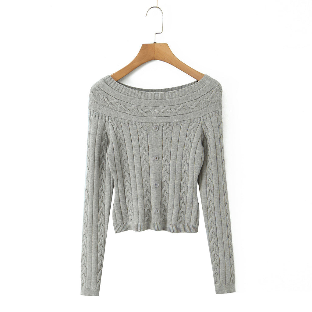 Casual off shoulder Fried Dough Twists slim single breasted short sweater